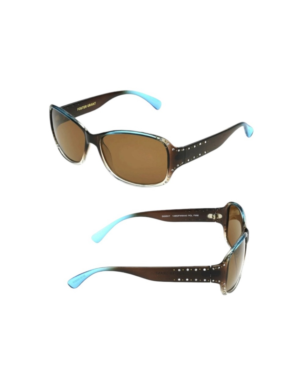 Foster Grant Brown Sunglasses with Turquoise Temple Tips and Stud Accents